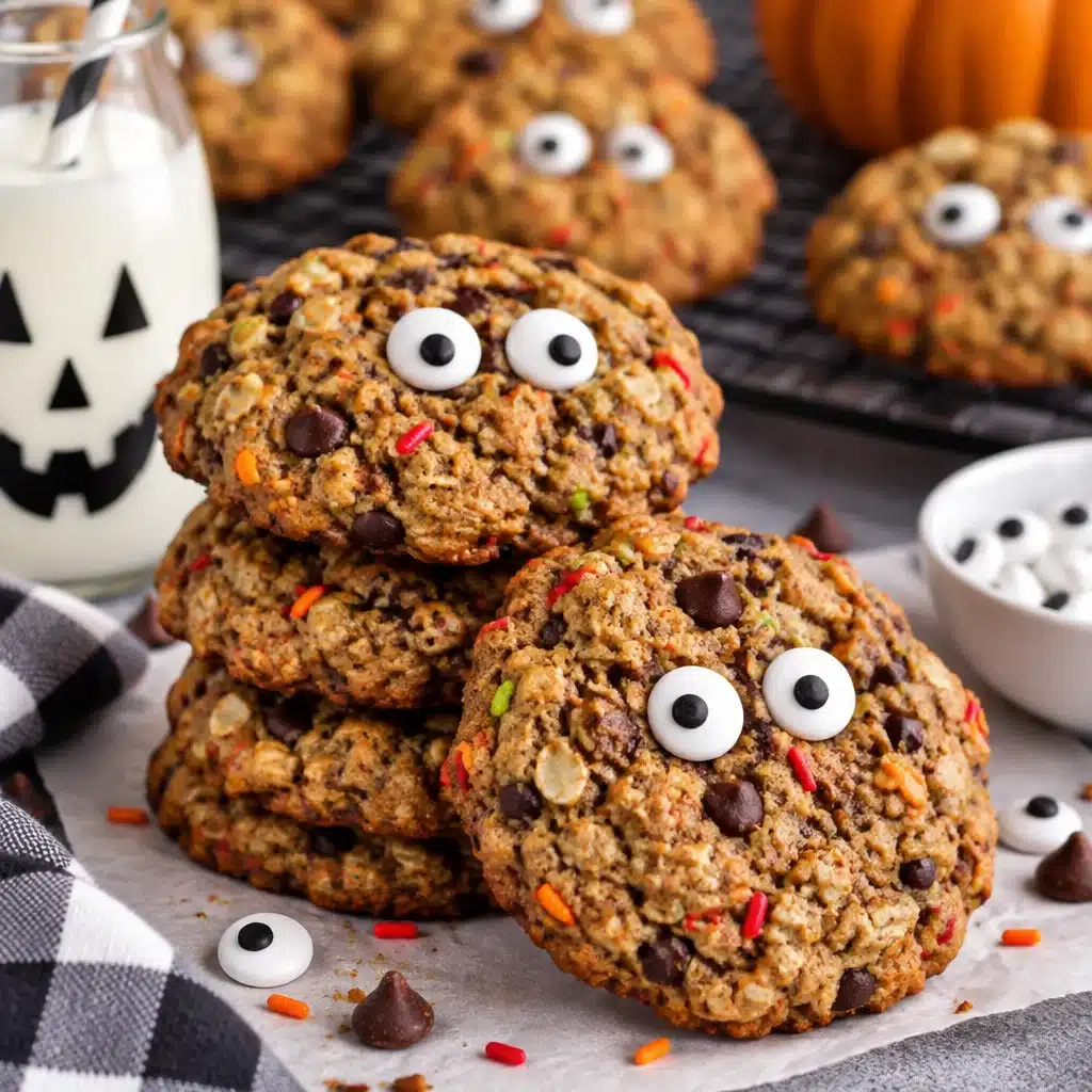 Glutenfreie Monster Cookies for Halloween, made with oats and candy. Perfect for kids!