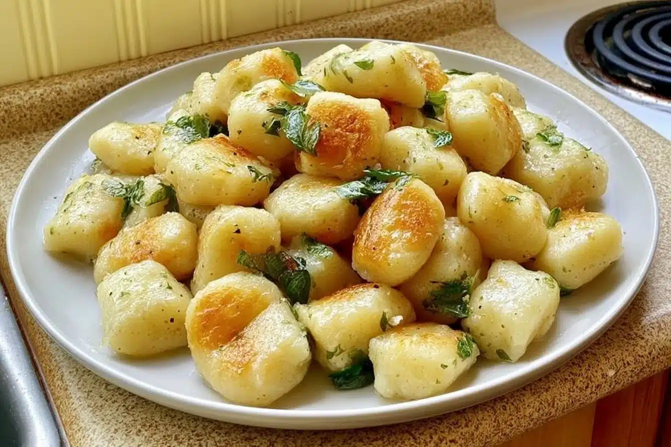 Plate of gluten-free potato gnocchi served with fresh herbs and sauce