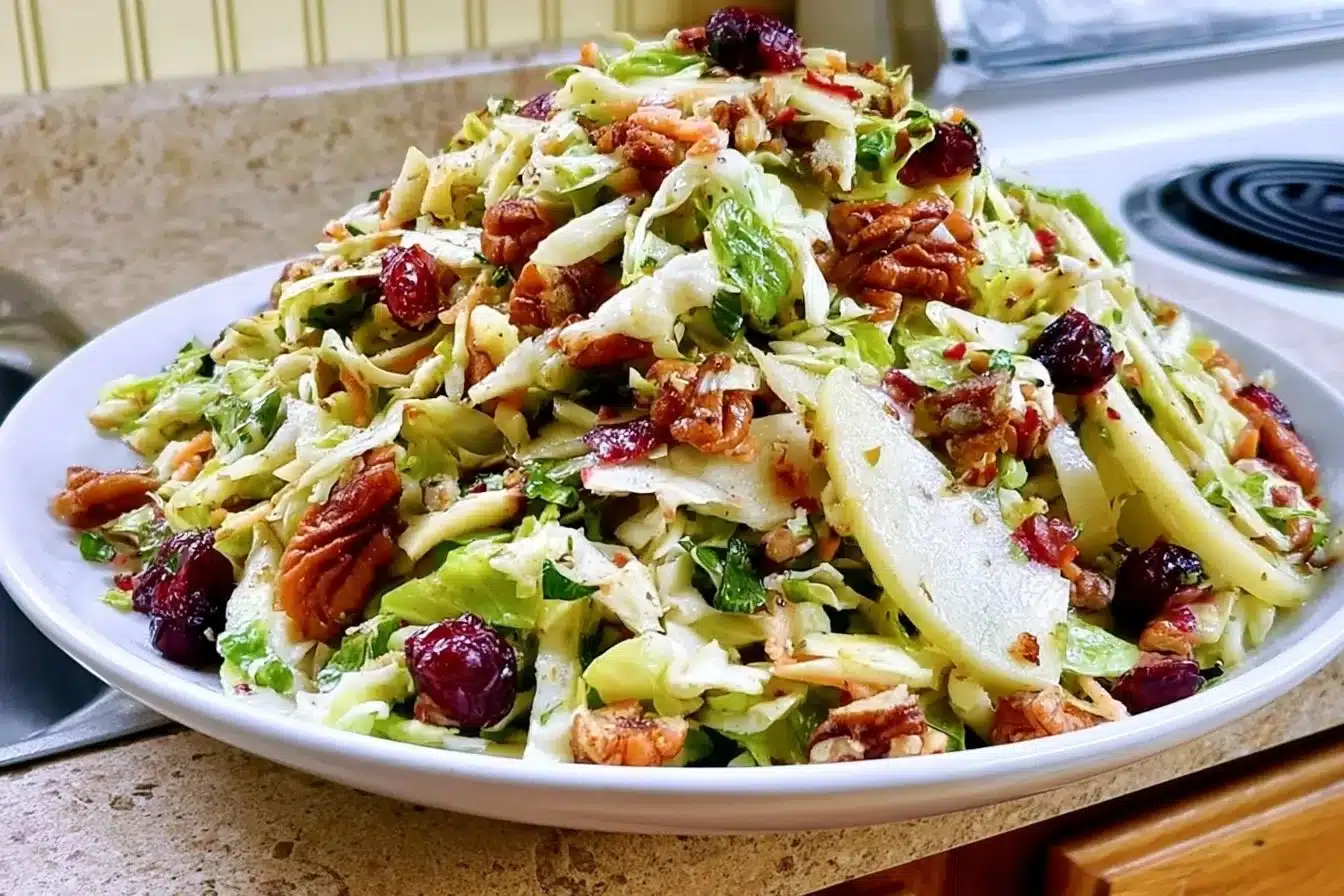 Vegetarian apple coleslaw with cranberries and pecans in a bowl