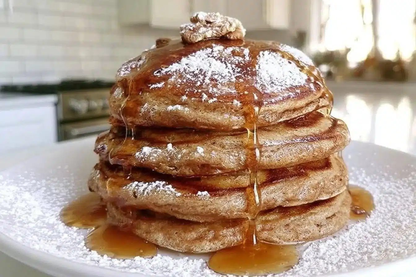 Stack of delicious gingerbread pancakes served with syrup and spices